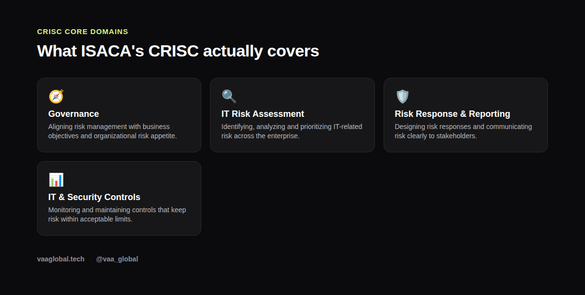 Grid graphic showing the four core domains covered by the CRISC certification