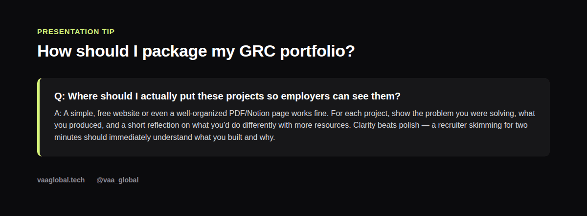 Question and answer graphic on how to present a GRC portfolio to employers