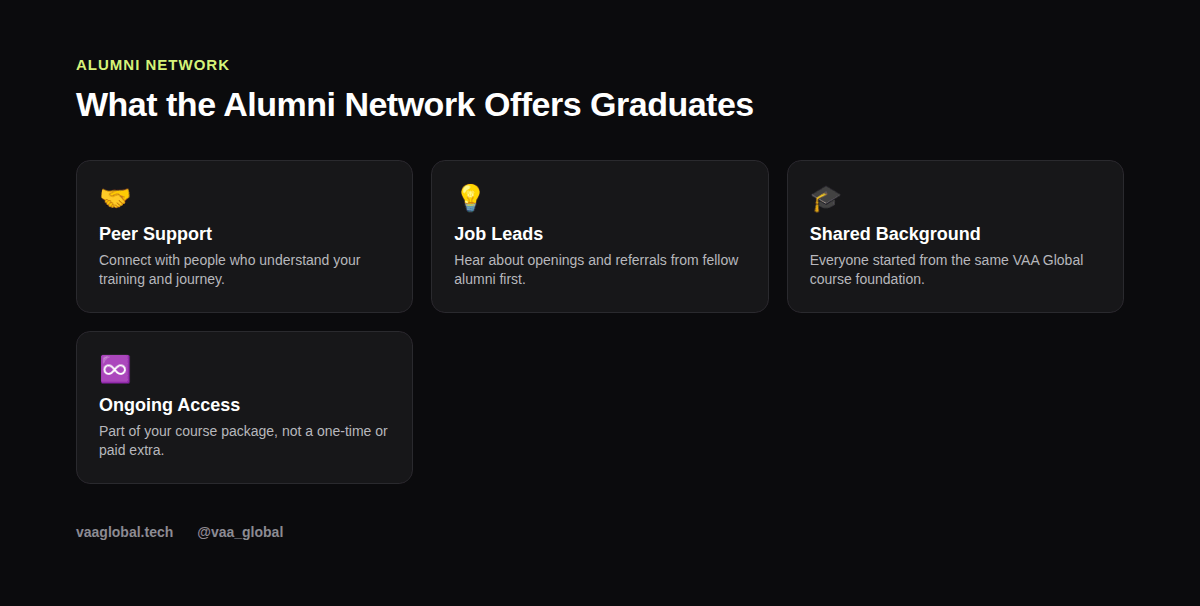 Grid showing the main benefits of the VAA Global alumni network