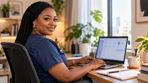 Healthcare administrator using a laptop in a private workspace