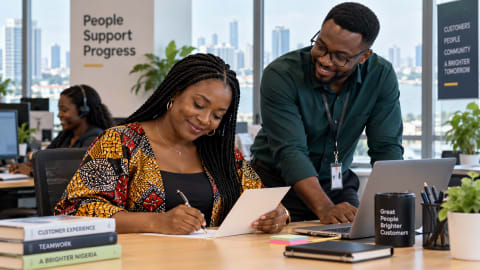 Customer service colleagues exchanging appreciation cards at work