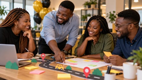 Nigerian colleagues sharing a simple Customer Service Week celebration at work