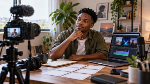 A Nigerian video creator planning an AI-assisted clip with a camera, microphone and storyboard