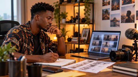 A Nigerian video creator planning an AI-assisted clip with a laptop, camera and storyboard