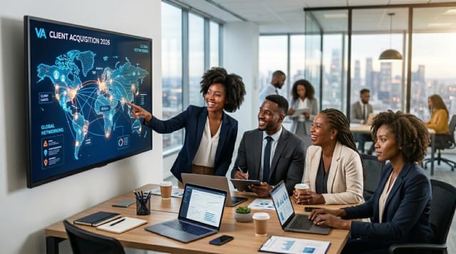 Authentic shot of a group of Black virtual assistants collaborating in a naturally lit, modern office space as they work on client networking strategies for 2026.