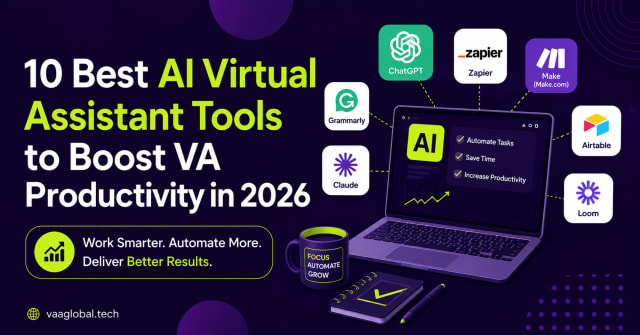 10 best AI virtual assistant tools to boost VA productivity in 2026, featuring AI automation tools like ChatGPT, workflow automation, and productivity solutions for virtual assistants.