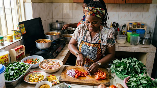 Woman preparing fresh ingredients for a food business in a Nigerian kitchen, showing the hands-on nature of starting a profitable food business.