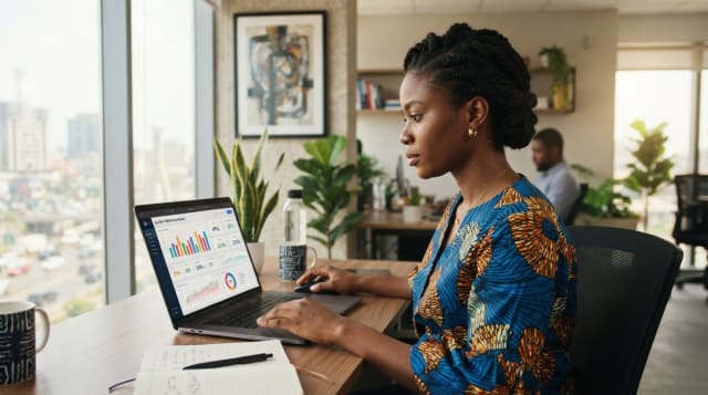 Nigerian business analyst reviewing data dashboards on a laptop in a Lagos office  Nigerian business analyst reviewing data dashboards on a laptop in a Lagos office