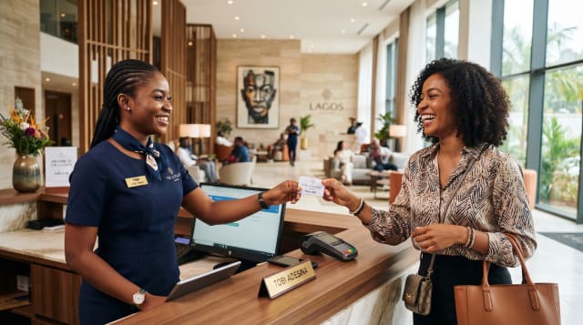 Hotel front desk agent explaining hospitality management basics to a guest at check-in