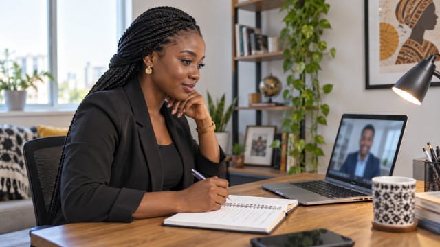 A Nigerian professional prepares notes before a video job interview at home