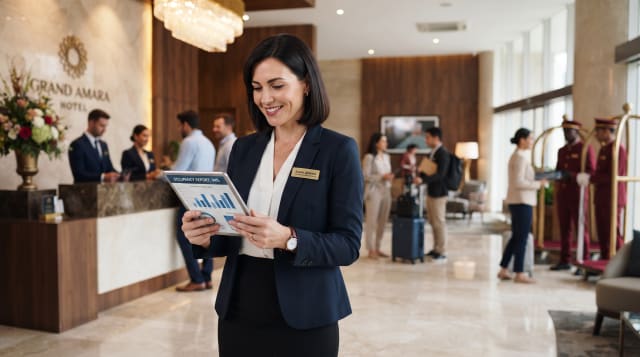 Hotel manager in Nigeria reviewing occupancy and revenue reports on a tablet