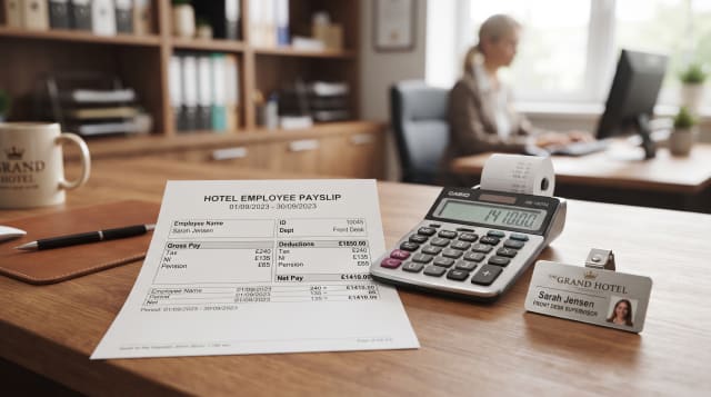  Hospitality salary planning items including a calculator and hotel staff name badge