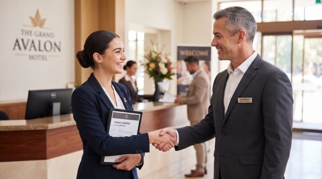 Hospitality graduate shaking hands with a hotel manager during a job interview in Nigeria