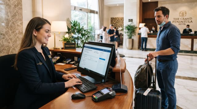 Front office agent using a property management system during hotel check-in