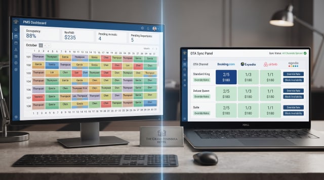 Property management system dashboard showing hotel room bookings and OTA synchronisation