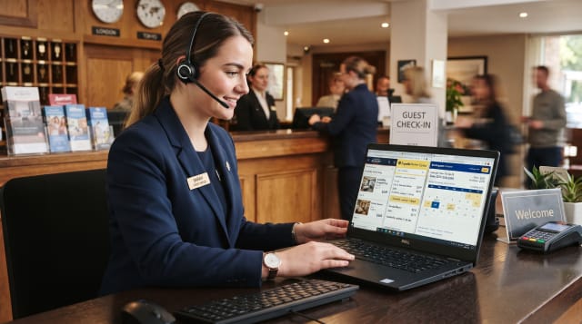 Hotel staff performing OTA management by updating room rates across booking platforms on a laptop