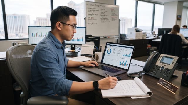 Hospitality revenue manager analyzing occupancy and pricing data as part of revenue management in hospitality