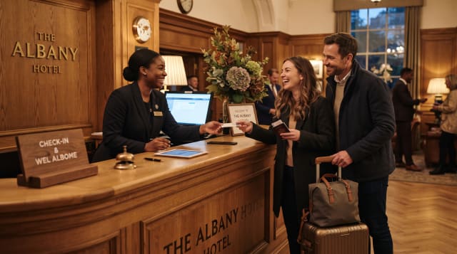 Hotel staff creating a positive guest experience versus simply providing transactional customer service at check-in