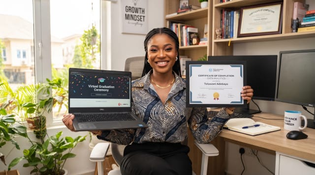 Nigerian professional completing a hospitality management certification course online from home