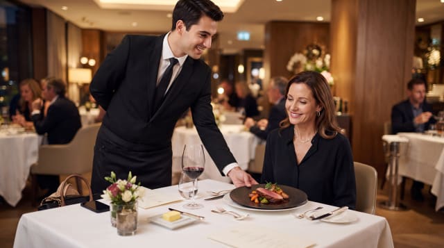 Waiter demonstrating food and beverage service standards while serving a guest at a properly set hotel restaurant table.