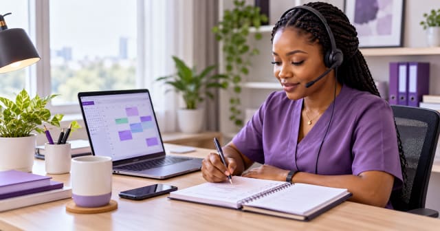 Medical virtual assistant reviewing an appointment calendar and writing a daily task list