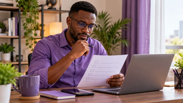 Medical virtual assistant reviewing a skills checklist beside a laptop