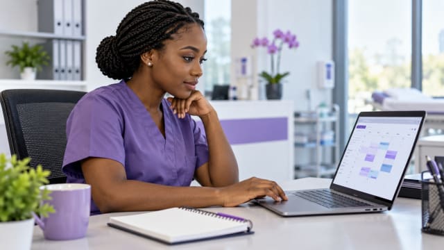 Medical appointment coordinator reviewing a clinic schedule on a laptop
