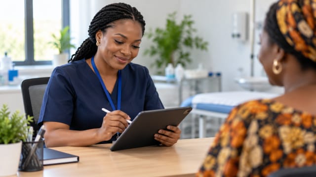 Healthcare administrator using a tablet during patient intake