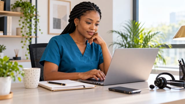 Remote medical assistant preparing an appointment reminder at a laptop