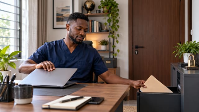 Medical virtual assistant securing a laptop and storing a confidential folder in a private workspace
