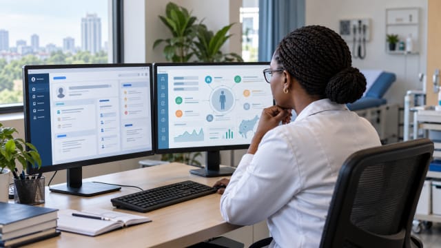 Healthcare administrator comparing two electronic health record interfaces on office monitors