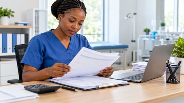 Medical virtual assistant reviewing billing paperwork and claim forms beside a laptop