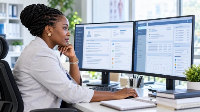 Medical virtual assistant reviewing electronic medical records on two monitors