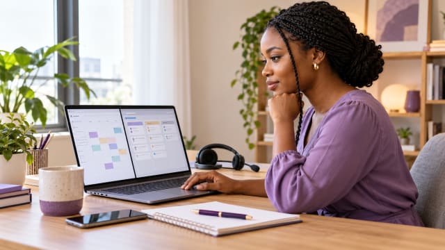 Medical virtual assistant working at an organized home office desk