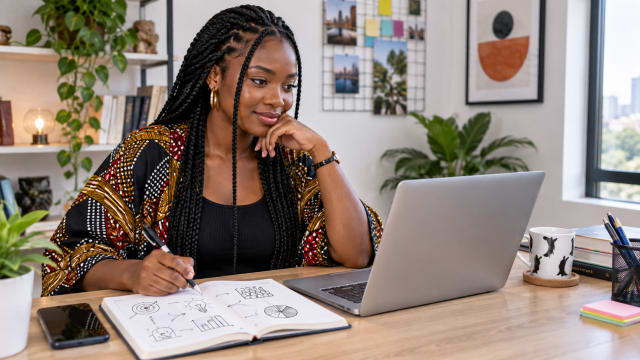 Virtual assistant planning portfolio examples in a notebook beside a laptop
