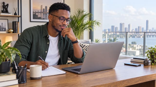 Nigerian professional preparing a resume beside a laptop