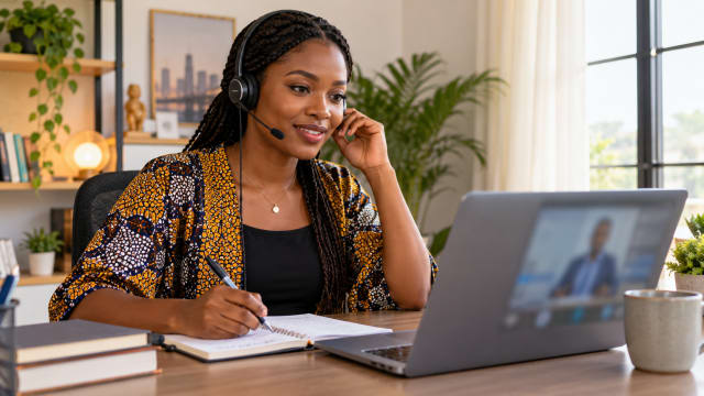 Nigerian learner practising an online customer support exercise at a laptop