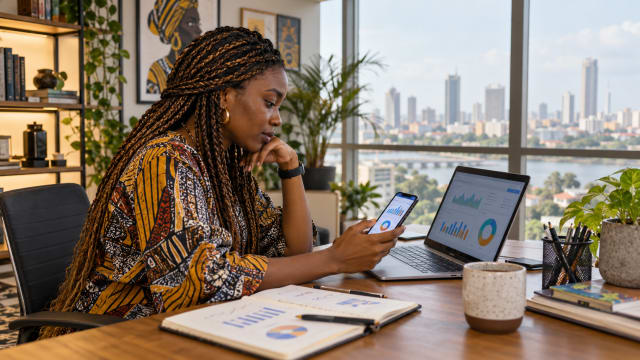 A Nigerian social media manager reviewing post performance on a laptop and phone
