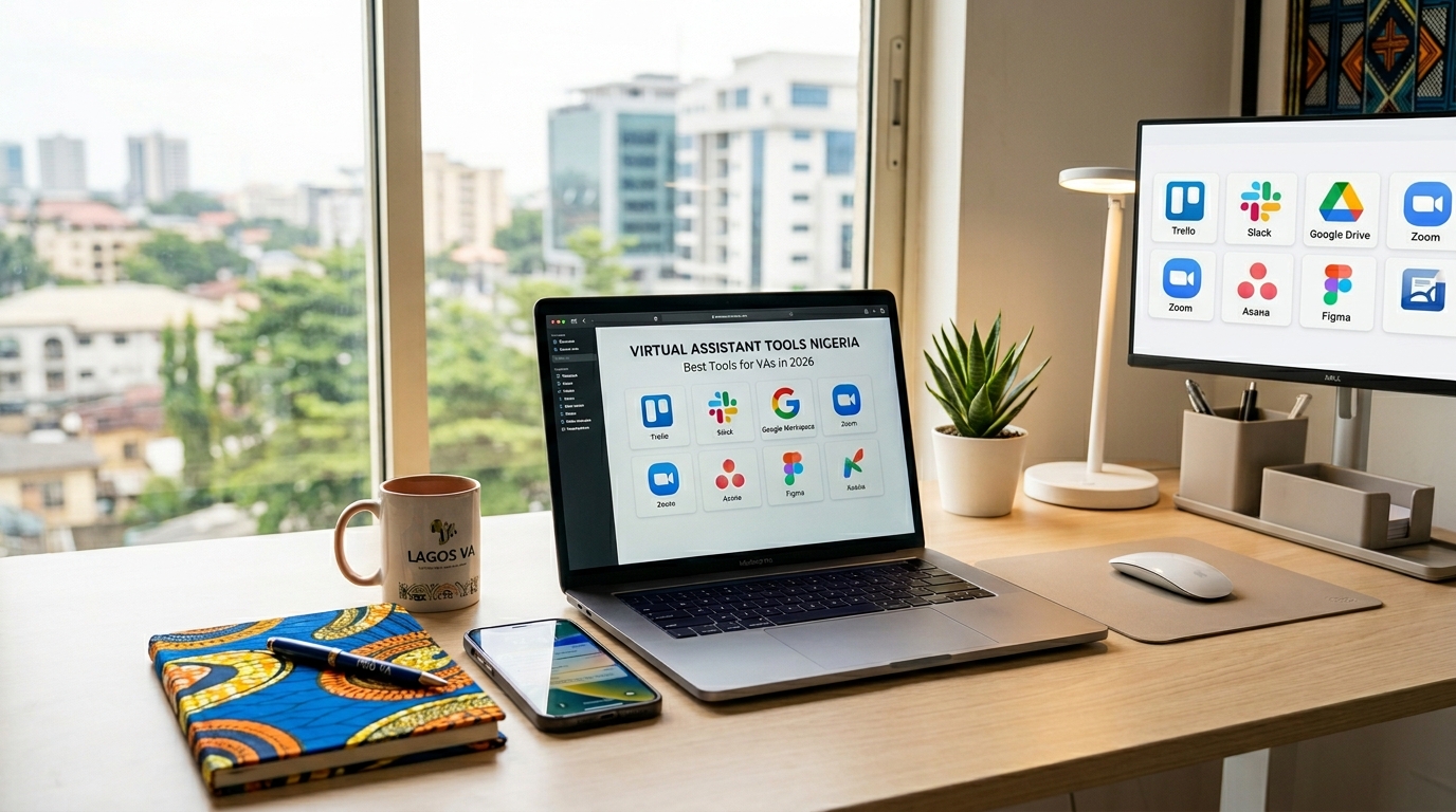 A modern workspace in Nigeria featuring a laptop, smartphone, and an Ankara-print notebook, representing virtual assistant productivity tools for 2026.