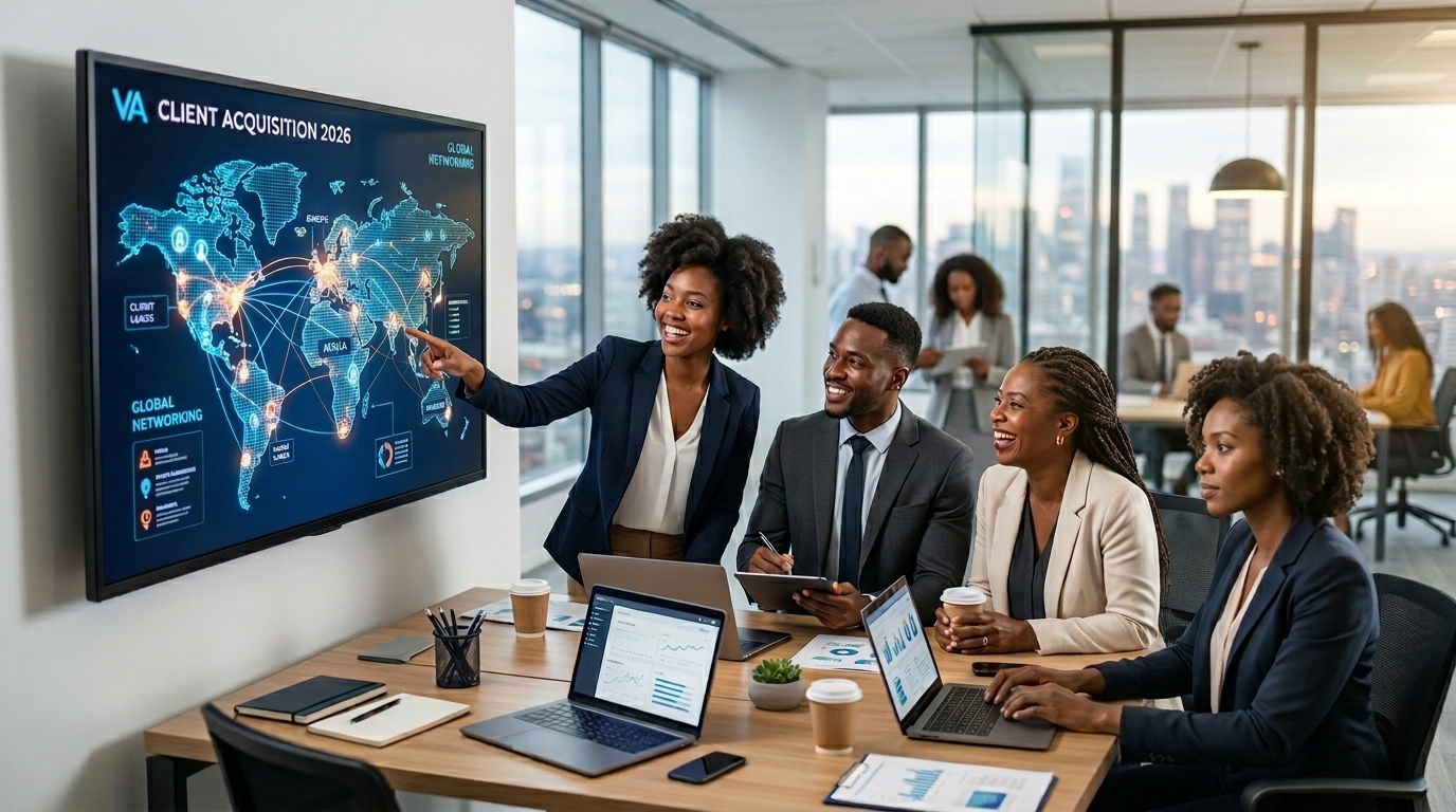 Authentic shot of a group of Black virtual assistants collaborating in a naturally lit, modern office space as they work on client networking strategies for 2026.