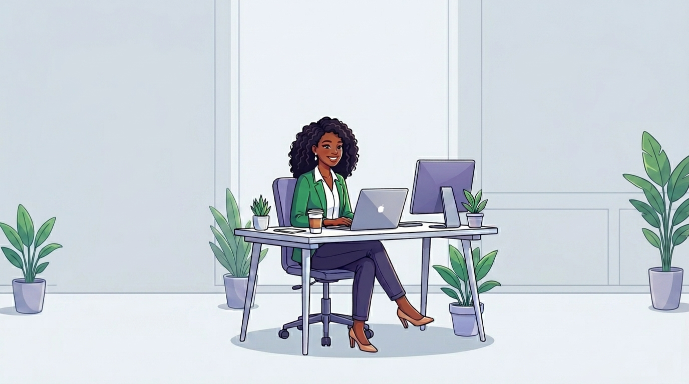 Illustration of a smiling Black woman working at a laptop in a bright, modern office with plants.
