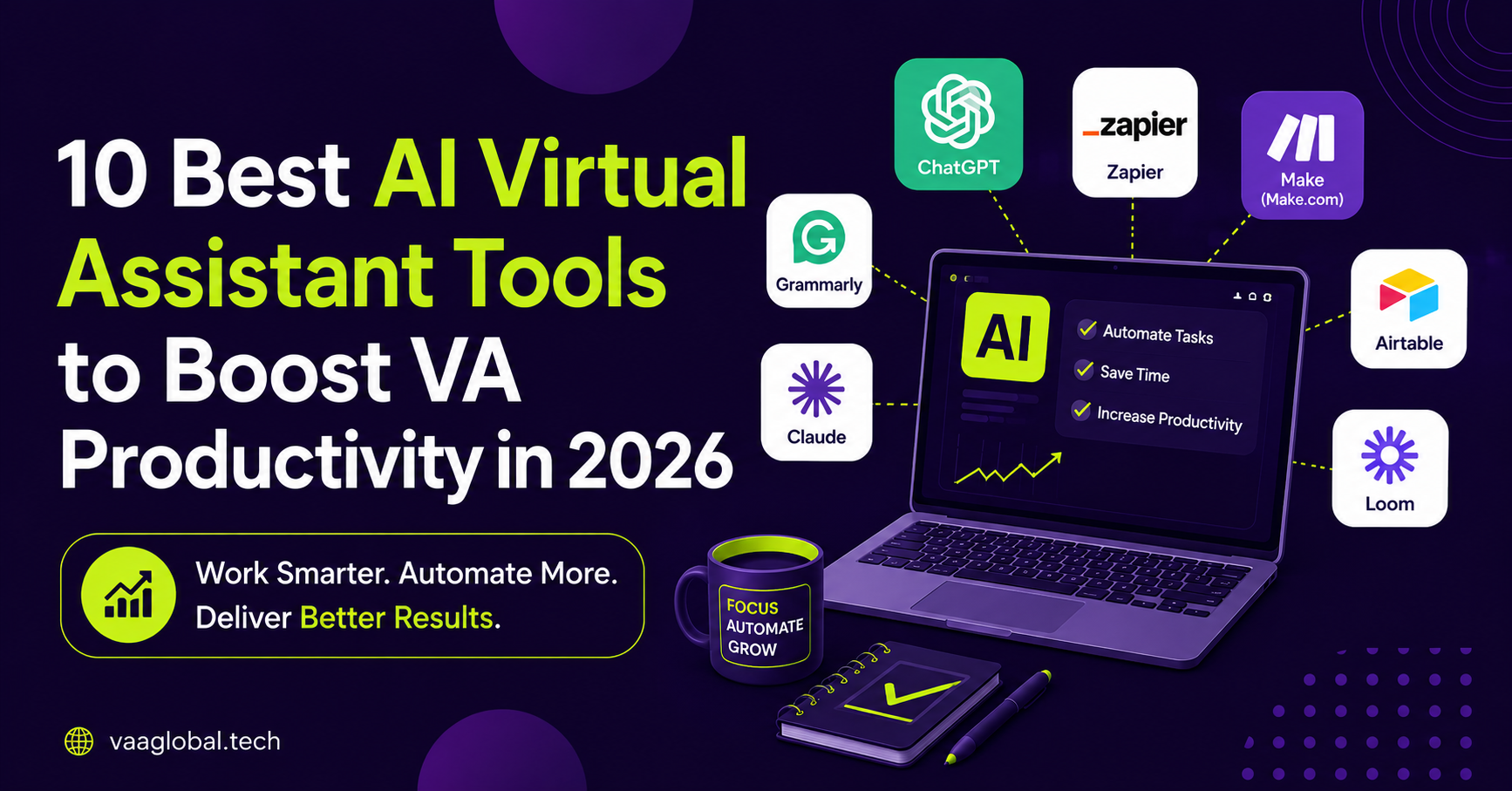 10 best AI virtual assistant tools to boost VA productivity in 2026, featuring AI automation tools like ChatGPT, workflow automation, and productivity solutions for virtual assistants.