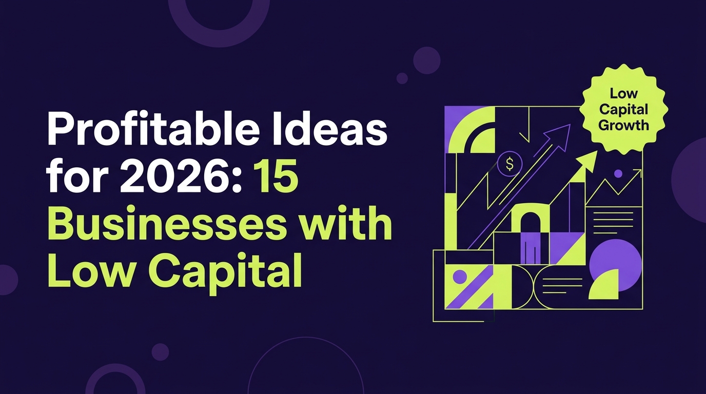 Graphic for blog post 'Profitable Ideas for 2026: 15 Businesses with Low Capital' on a dark indigo background with modern geometric business illustrations