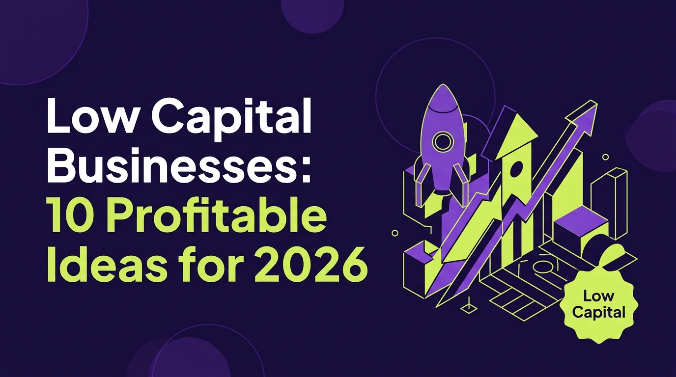 Graphic for blog post 'Low Capital Businesses: 10 Profitable Ideas for 2026' featuring a dark indigo background and modern geometric startup illustrations.