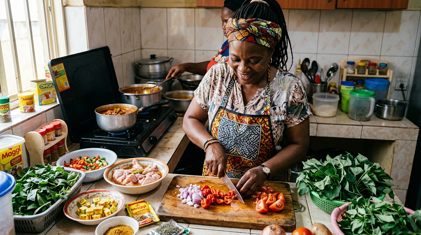 Woman preparing fresh ingredients for a food business in a Nigerian kitchen, showing the hands-on nature of starting a profitable food business.