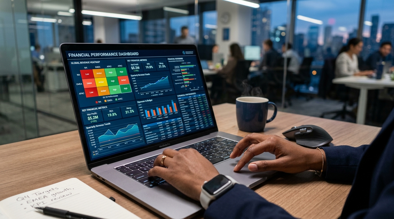 Close-up of a business analyst's hands on a laptop keyboard, with the screen showing complex data visualizations, heatmaps, and financial metrics. High-tech office environment, sleek laptop, professional lighting.ptop keyboard, with the screen showing complex data visualizations, heatmaps, and financial metrics. High-tech office environment, sleek laptop, professional lighting.