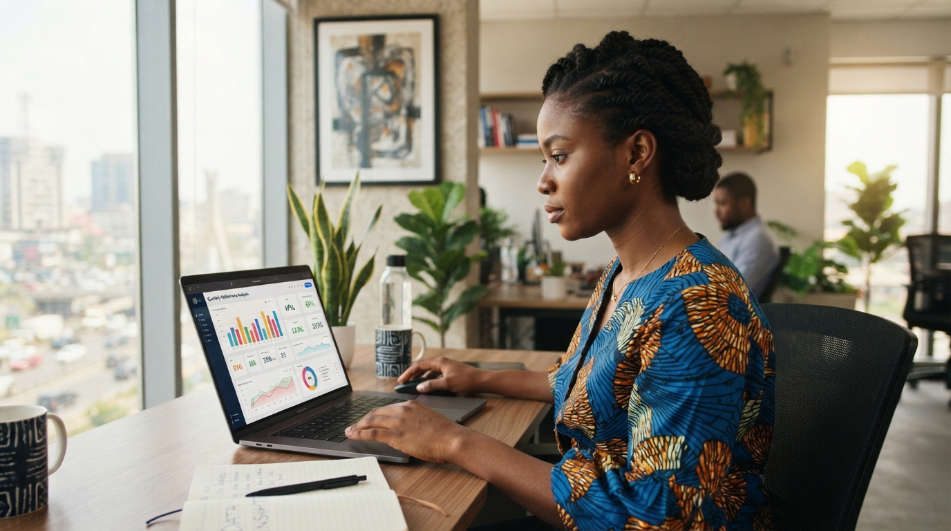 Nigerian business analyst reviewing data dashboards on a laptop in a Lagos office  Nigerian business analyst reviewing data dashboards on a laptop in a Lagos office