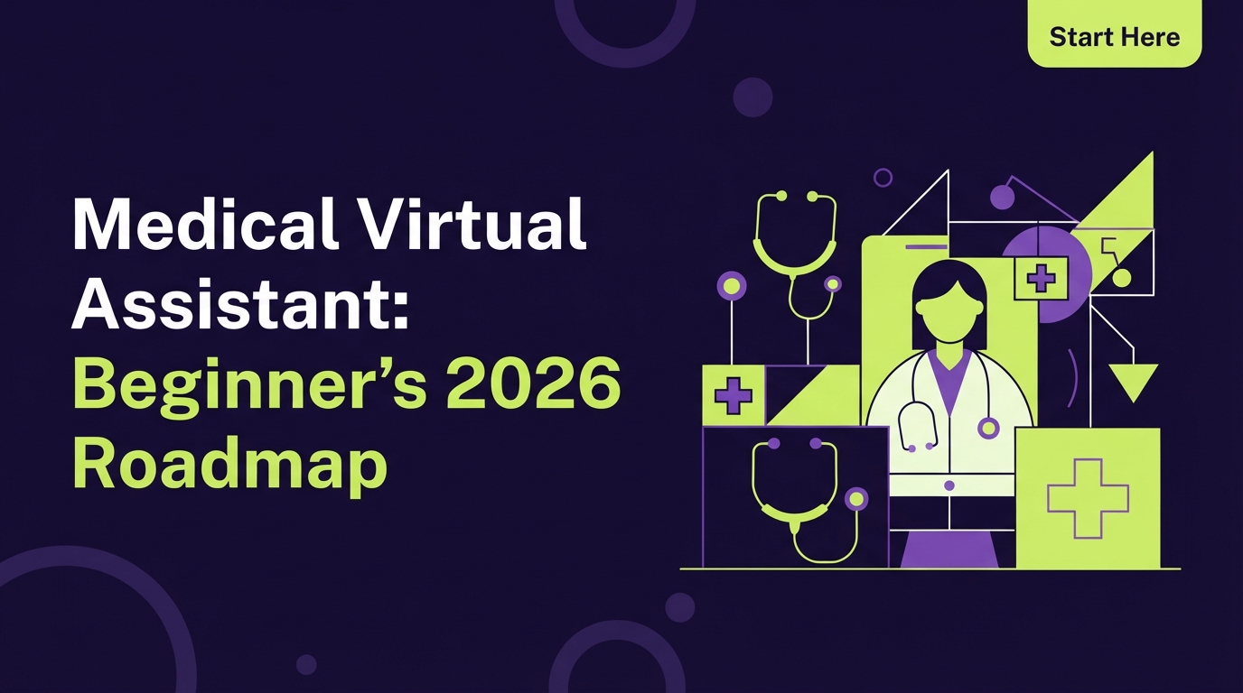 Graphic for blog post 'Medical Virtual Assistant: Beginner's 2026 Roadmap' on a dark indigo background with modern geometric healthcare and digital learning illustrations.