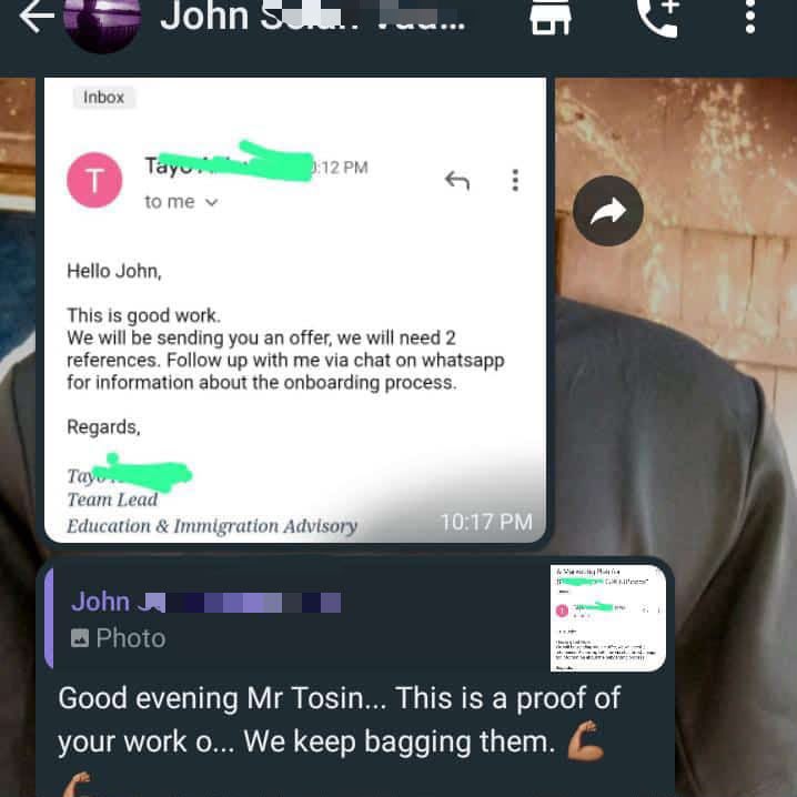 Student reaching out with reviews of his offer letter as a testimonial