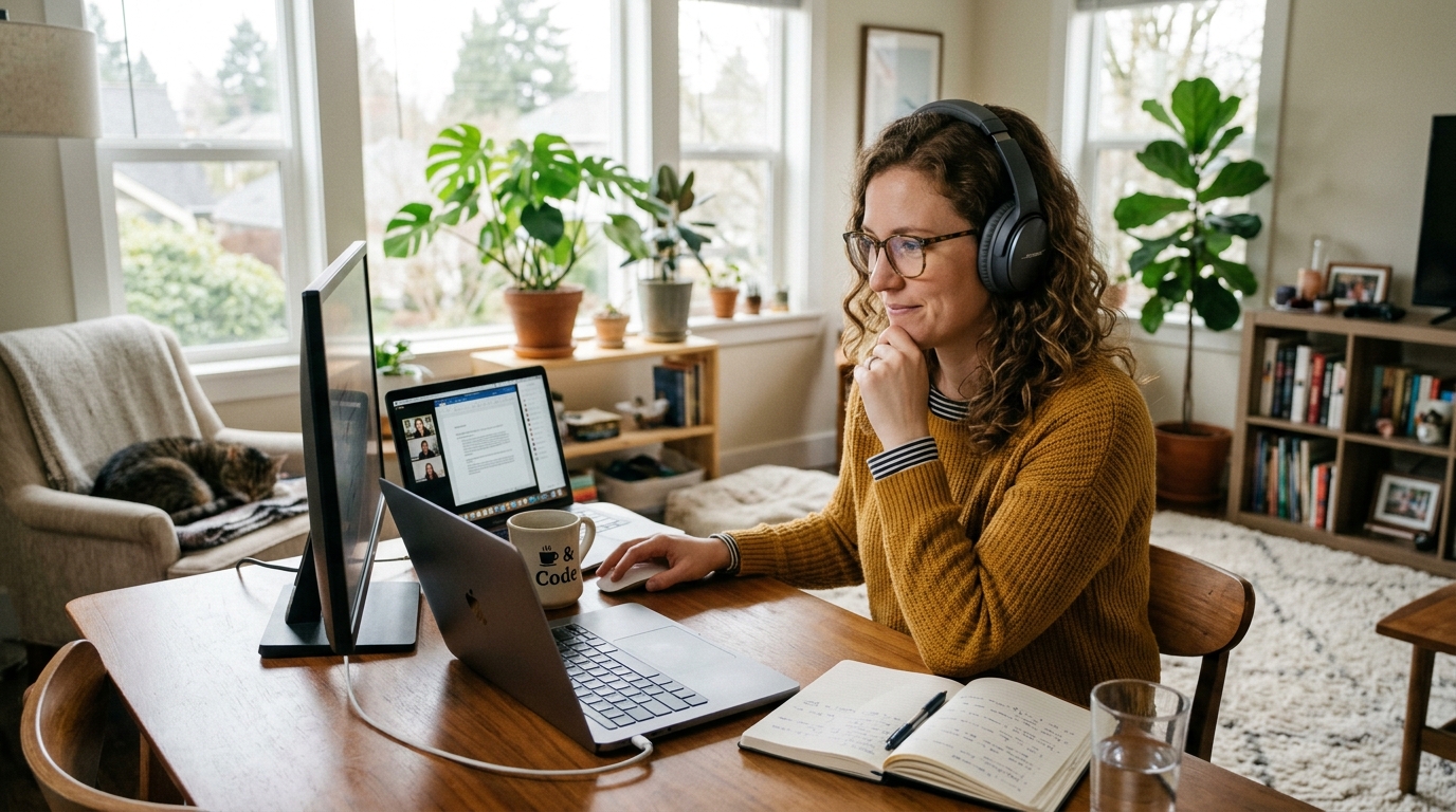 A woman working remotely